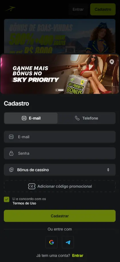 Formulário de cadastro com campos de conta, bônus e código promocional.