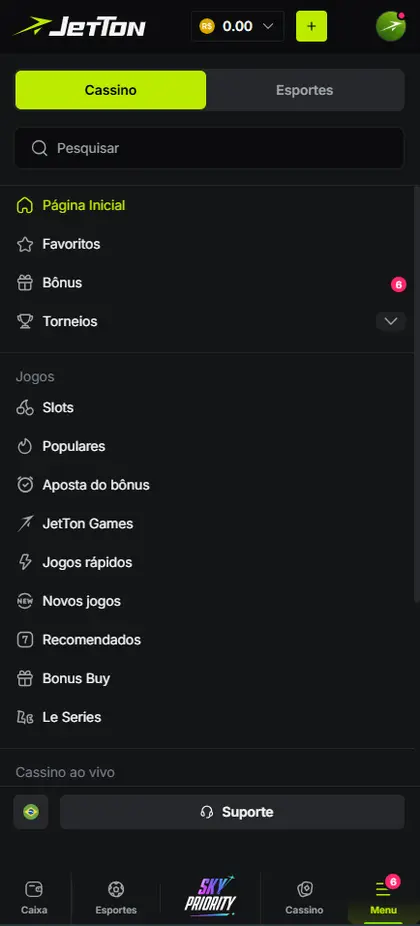 Menu móvel da plataforma, referência para navegação por celular e PWA.