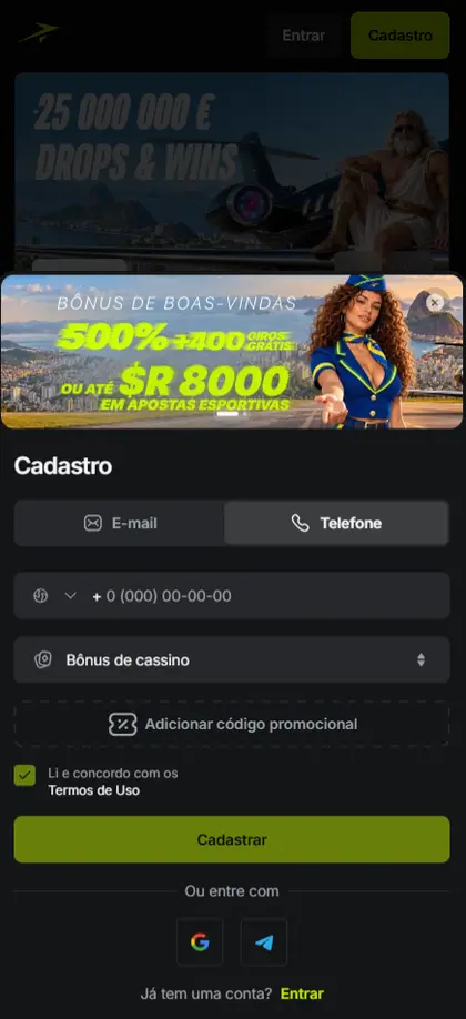 Campo de código promocional no fluxo de criação de conta.