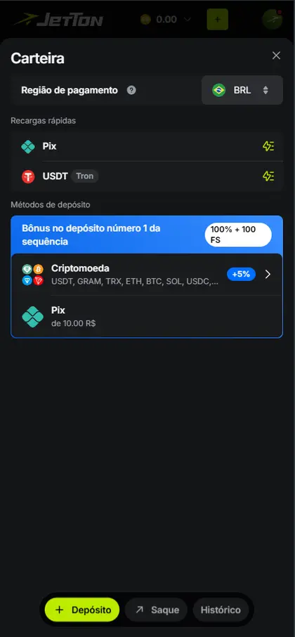 Carteira da plataforma com PIX e outros meios disponíveis na captura.