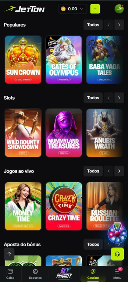 Lobby com categorias e títulos exibidos no catálogo.