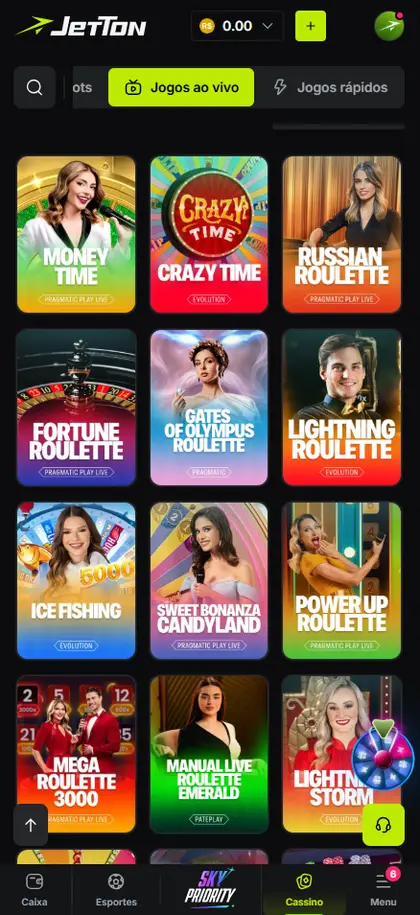 Categorias de jogos ao vivo e game shows no lobby.