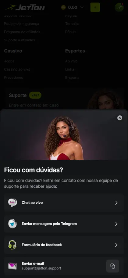 Tela de suporte com canais de contato apresentados ao usuário.