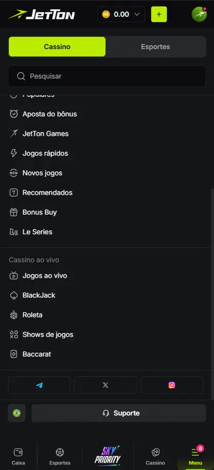 Menu da plataforma usado como referência para diagnóstico de acesso.